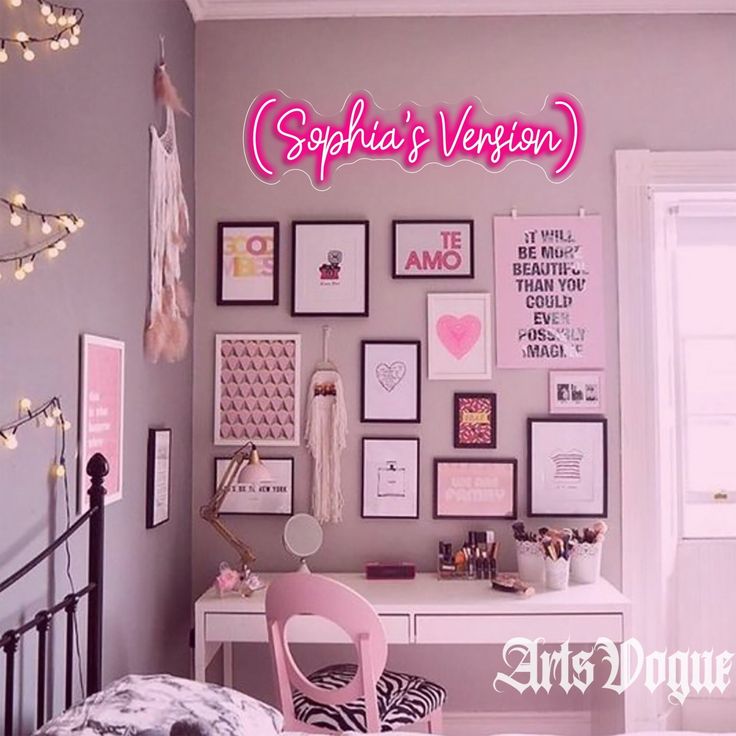 a bedroom with pink accents and pictures on the wall