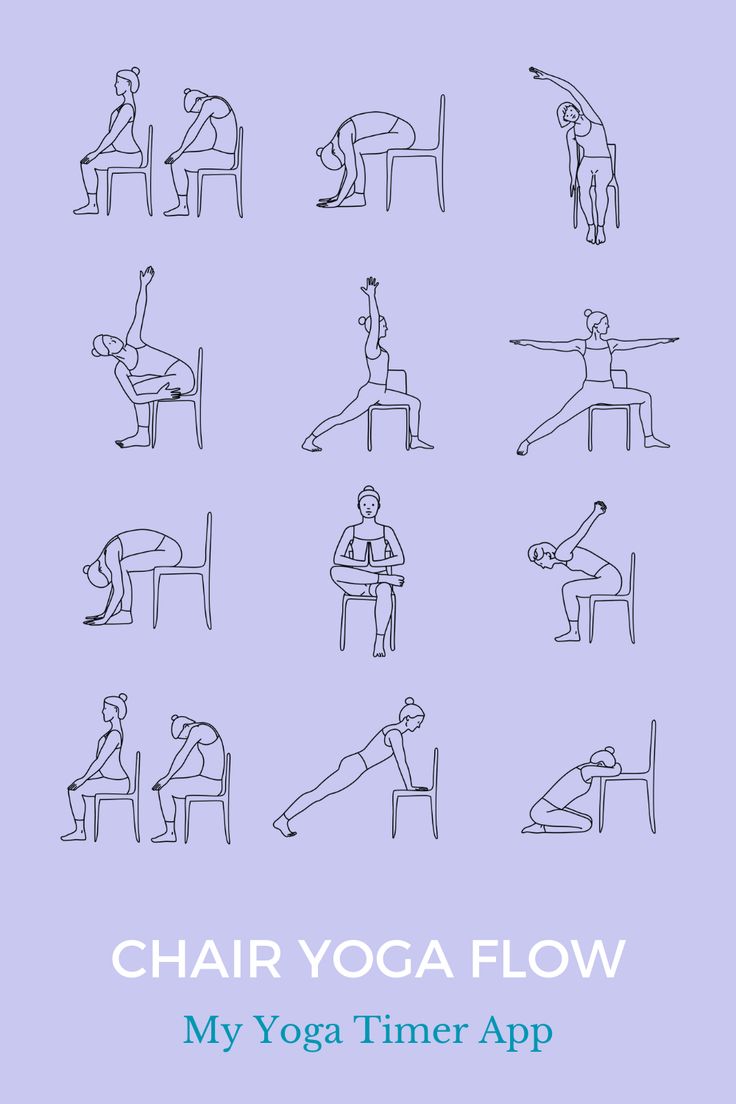 the book cover for chair yoga flow, with an image of people doing different poses