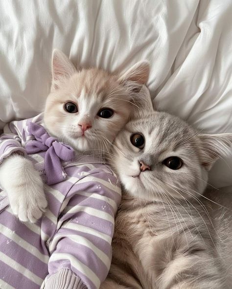 two kittens laying on top of each other in pajamas and looking at the camera