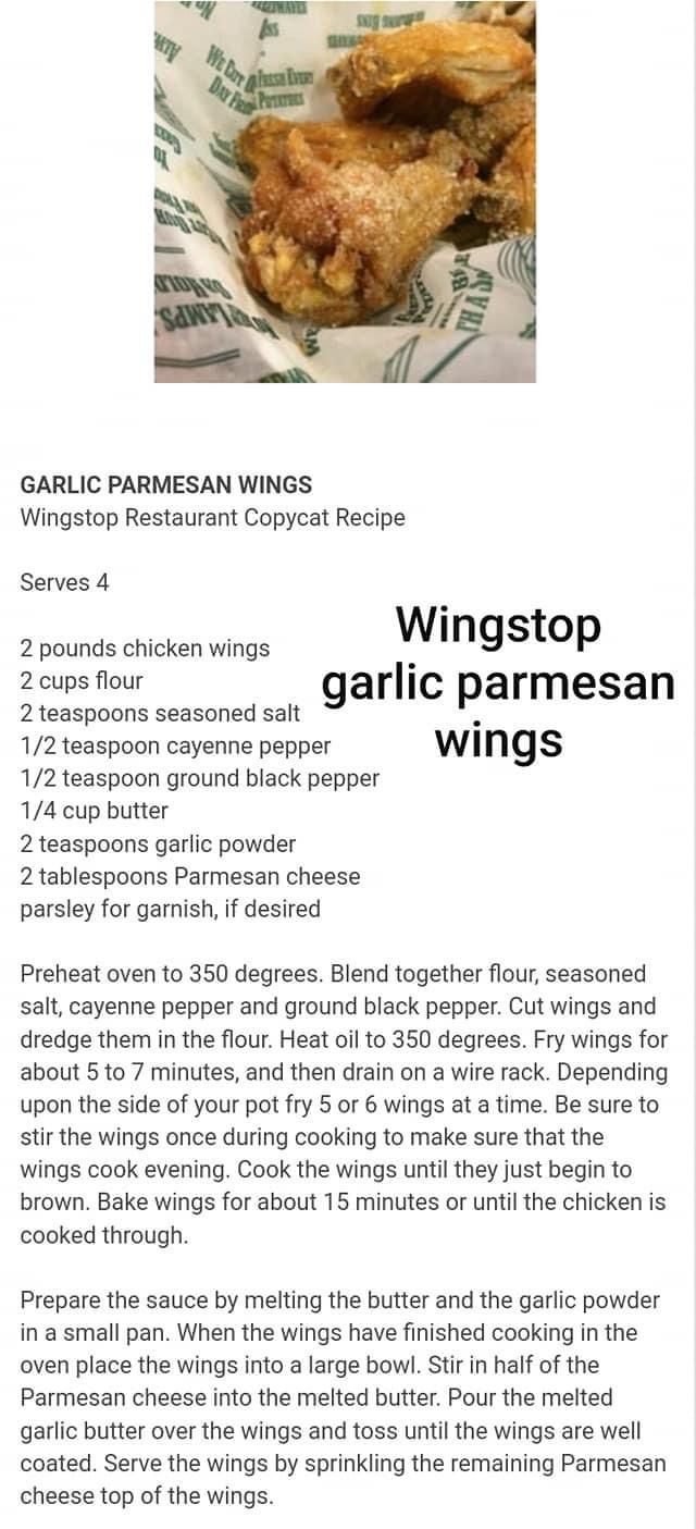 the menu for wingstop garlic parmesan wings, with instructions to make it