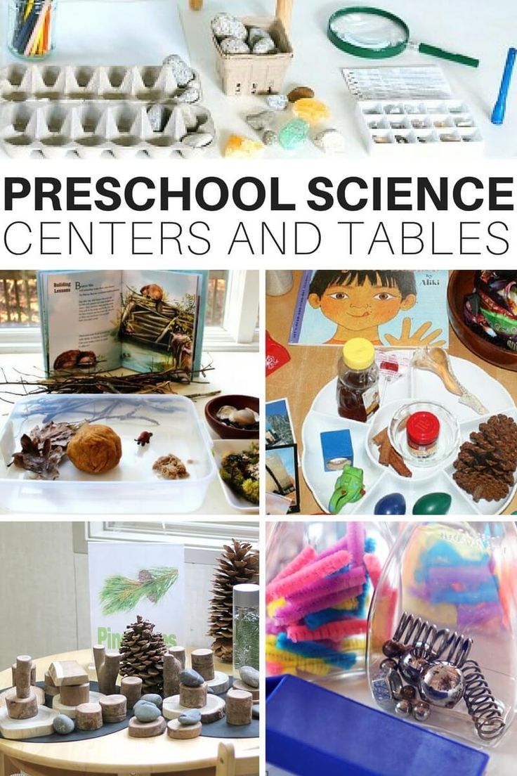 there are many different pictures with the words preschool science centers and tables on it, including pine cones