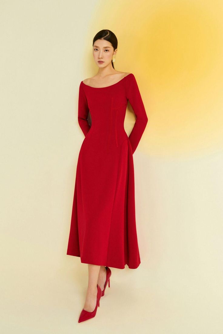 Cotton Evening Dresses, Red Dresses Classy Elegant, Red Classy Dress, Long Sleeve Red Dress, Red Off Shoulder Dress, Grace Rose, Elegant Outfit Classy, Mean Blvd, Red Dresses Classy