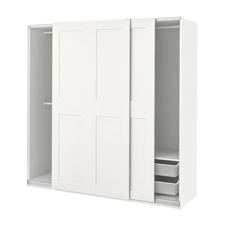 a white closet with two doors and drawers on the bottom shelf is open to reveal an empty drawer