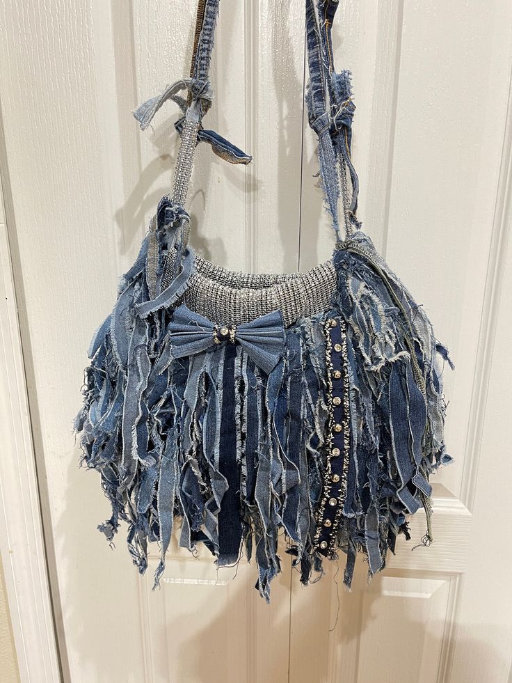 Couture, Upcycling, Jean Handbag, Distress Denim, Bling Denim, Custom Jean, Denim Fringe, Denim Crafts Diy, Jean Purses