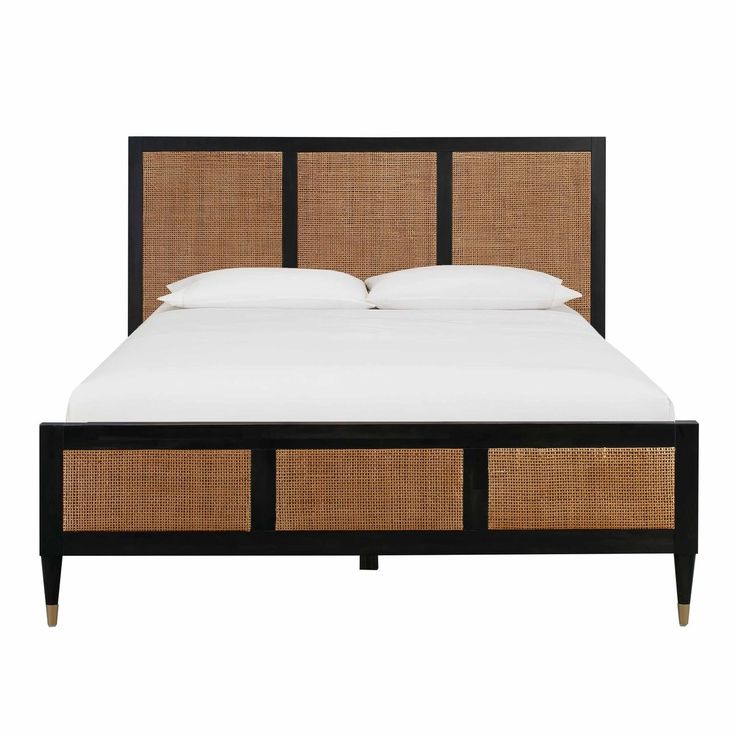 an image of a bed with wicker headboard and foot board in black finish