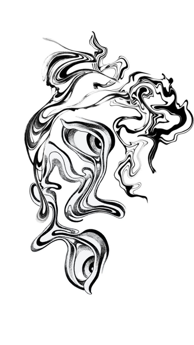 an abstract black and white drawing of a woman's face with swirls on it