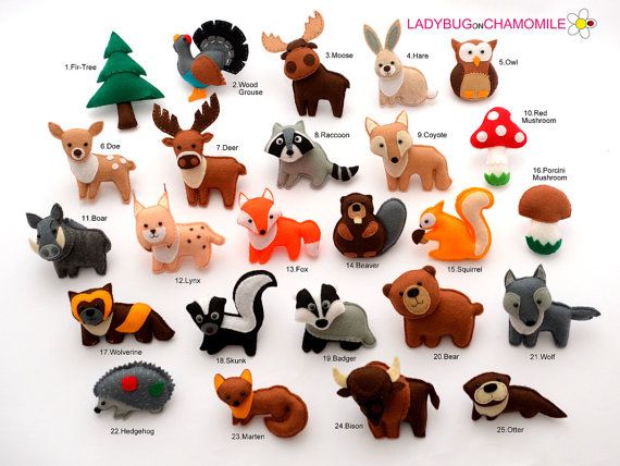 FOREST ANIMALS. WOODLAND ANIMALS. (The price is per 1 item) 1. Fir-tree 2. Wood grouse 3. Moose 4. Hare 5. Owl 6. Doe 7. Deer 8. Raccoon 9. Coyote 10. Red mushroom 11. Boar 12. Lynx (bobcat) 13. Fox 14. Beaver 15. Squirrel 16. Porcini mushroom 17. Wolverine 18. Skunk 19. Badger Felt Magnet, Toys By Age, Australian Animals, Baby Diy, Fox Terrier, Woodland Baby, Animal Ornament, Woodland Creatures, Felt Toys