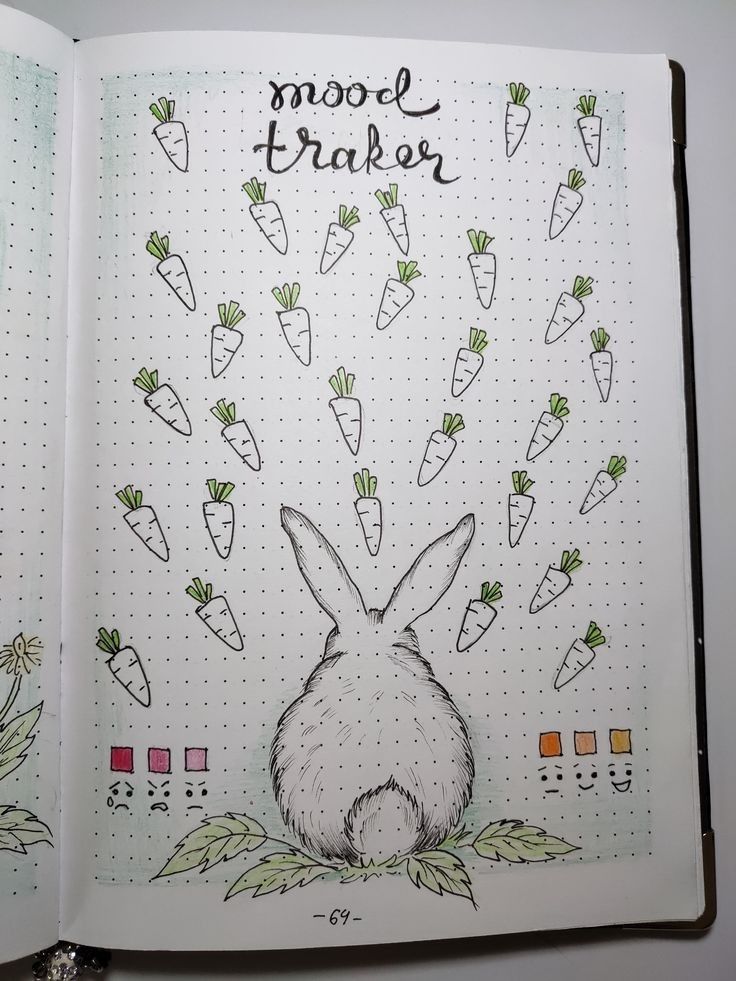 an open notebook with a drawing of a rabbit and carrots