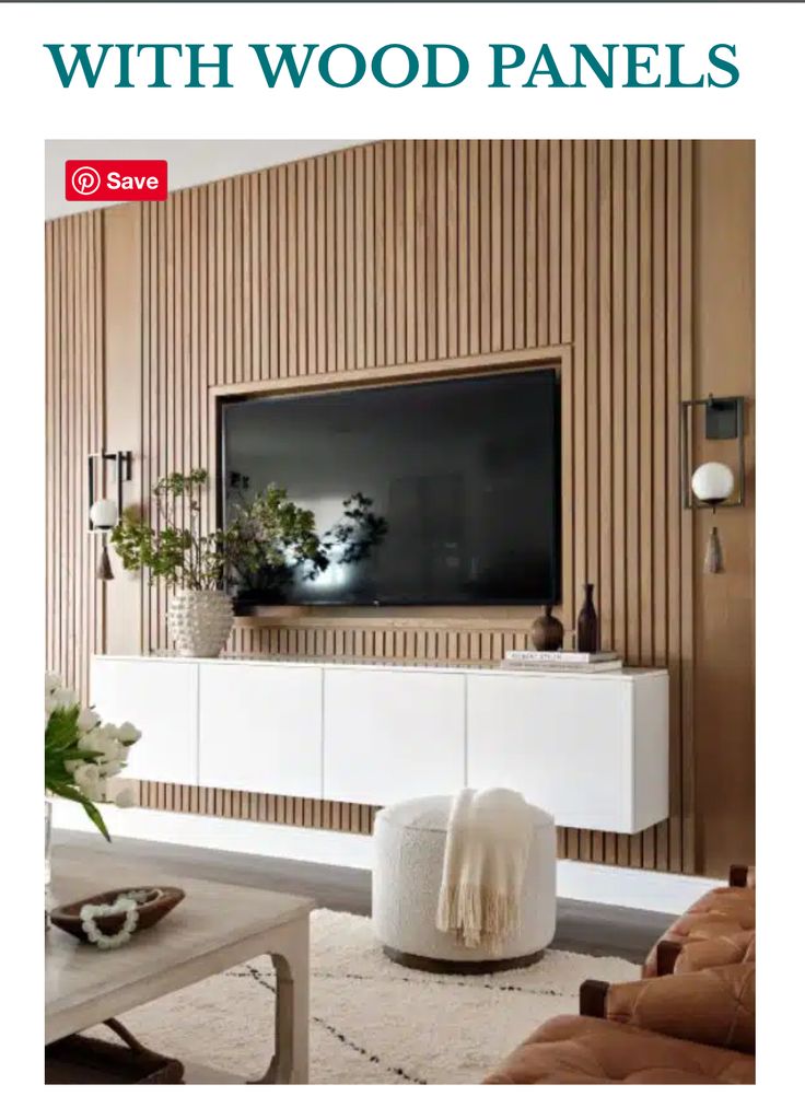 a living room with wood panels on the wall