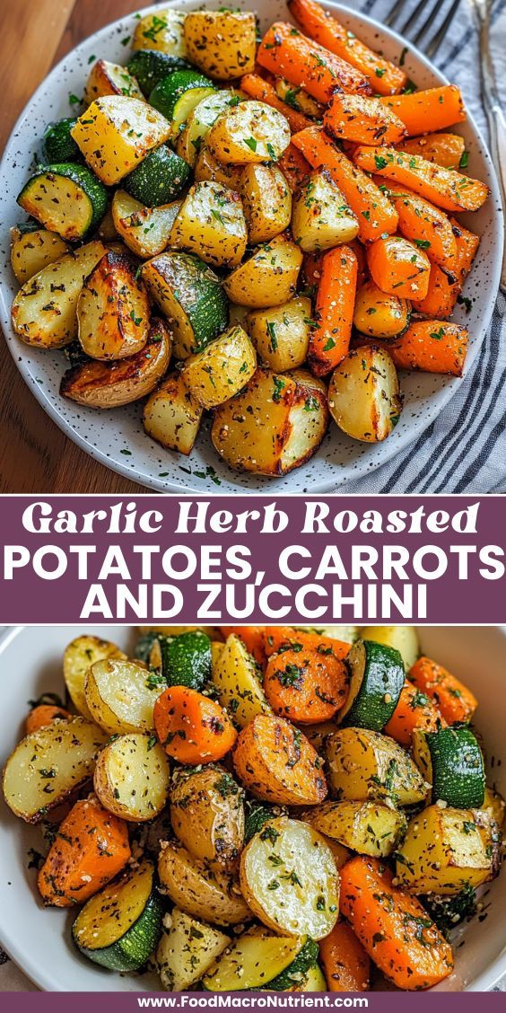 garlic herb roasted potatoes, carrots and zucchini in a white bowl on a wooden table