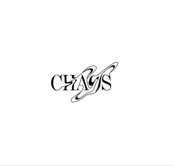 Chaos Swirly Word Tattoo, Writing Tattoos Aesthetic, Tattoos About Chaos, Tattoo Ideas Chaos, Calm In Chaos Tattoo, Distorted Lettering Tattoo, Flow Tattoo Word, Order Chaos Tattoo, Abstract Word Tattoo