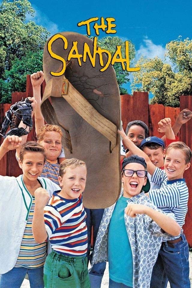 the sandal movie poster with kids holding up their shoes and posing in front of them