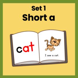 an open book with the words set i short a and cat on it, in front of a yellow background