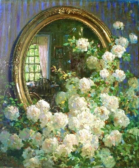 a painting of white flowers in front of a mirror