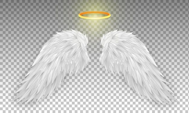 two white angel wings with an orange halo in the center on a transparent background illustration