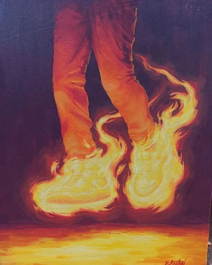 a painting of a person standing on fire