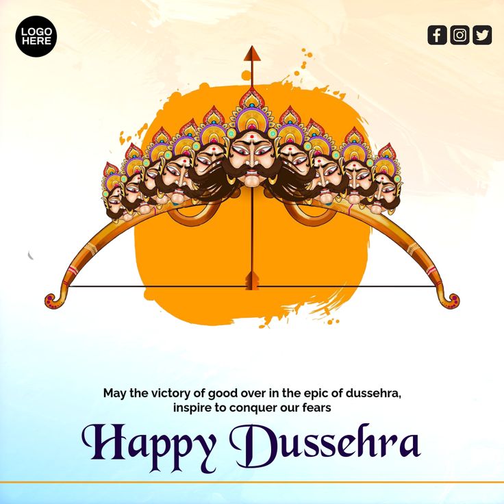 happy dussehria greeting card with an arrow and two masks on the side