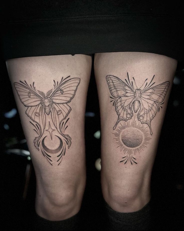 two tattoos on the legs of women with moths and sunflowers around them,