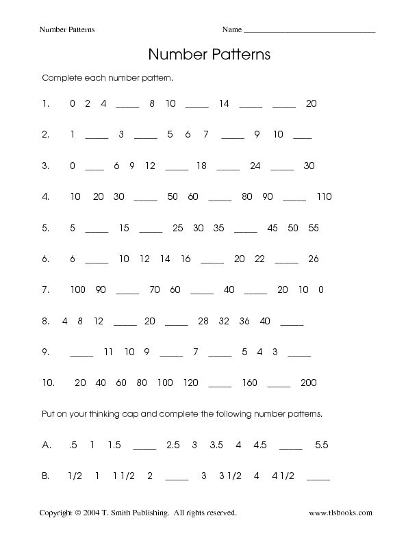 the number patterns worksheet is shown