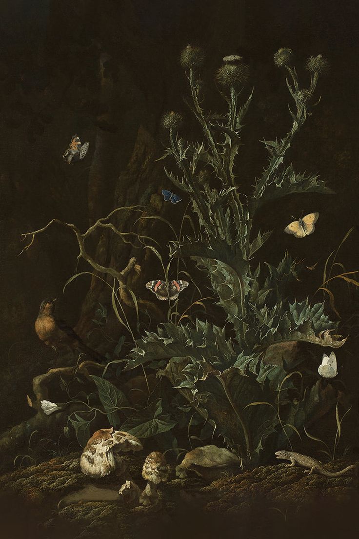 a painting with many different types of flowers and birds on the ground next to it