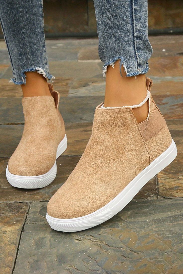 Step into stylish comfort with these Camel High Top Slip-on Casual Sneakers. Crafted from premium materials, they feature a slip-on design, a padded insole for extra cushioning, and a stylish high top design. Perfect for everyday wear, these sleek sneakers will take your look to the next level. Material: Suede Model info: Models are 5'7", Size 2, wearing smalls Size Chart (INCH) Sizes Foot Length 6(37) 9.4 7(38) 9.6 8(39) 9.8 8.5(40) 10.0 9.5(41) 10.2 10(42) 10.4 Ankle High Sneakers, Shoe Pattern, Slip On Boots, Shoe Covers, High Top Shoes, Sneaker Collection, Short Boots, Casual Boots, Slip On Sneakers