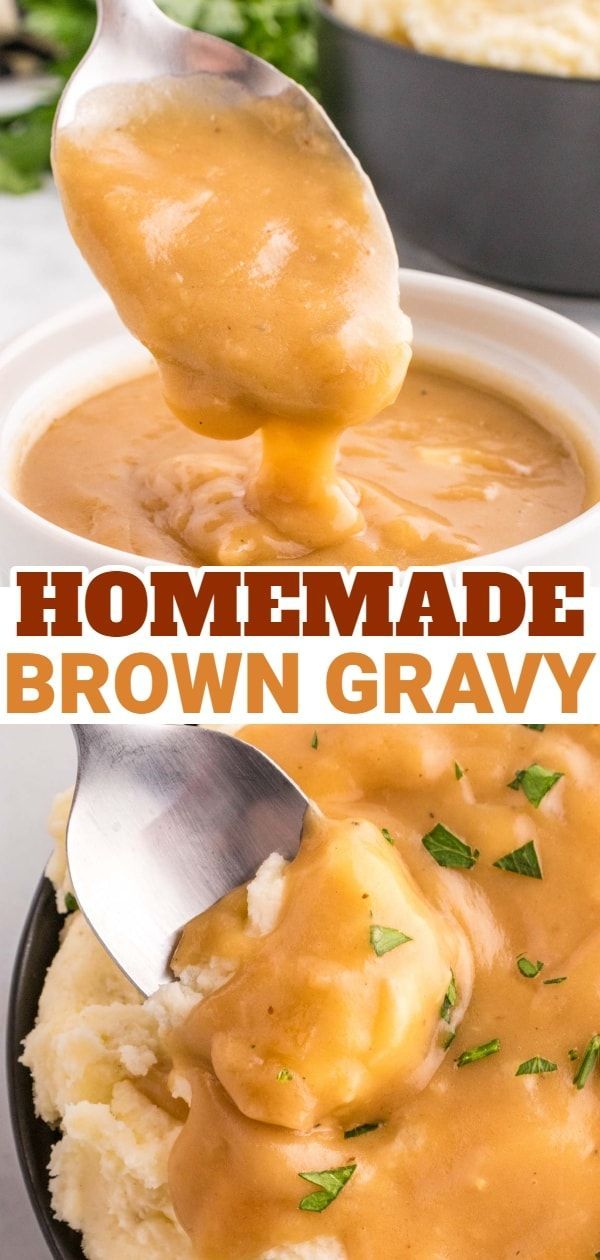 homemade brown gravy is being spooned into a bowl with mashed potatoes