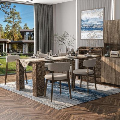 a dining room table and chairs in front of a large window with an outside view