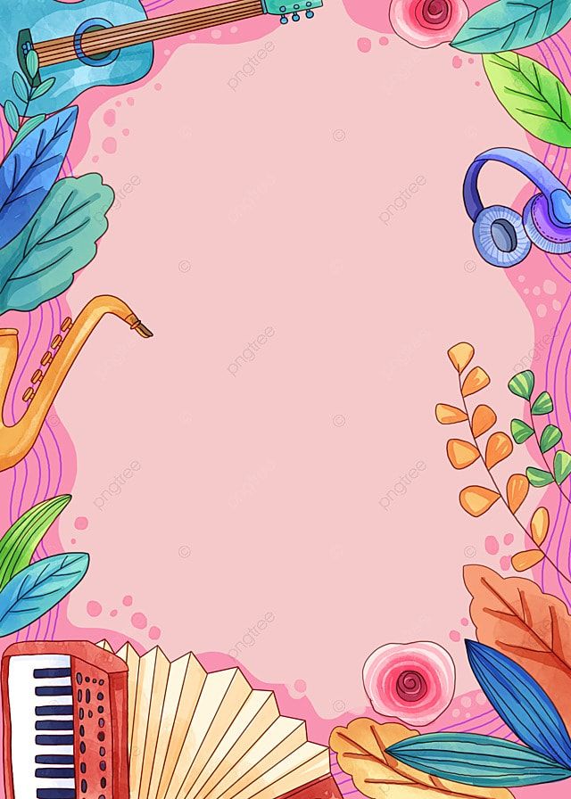 an illustration of musical instruments and flowers on a pink background with place for your text