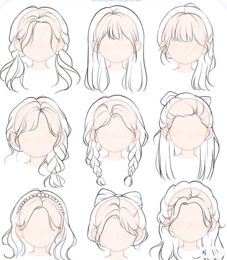 Hairstyles For Drawing Character Design, Chibi Art Base Hair, Cute Art Hairstyles, Anime Hairstyles Sketch, Cute Hair Styles Drawing, Drawing Hair Types, Curly Hair With Bangs Drawing, How To Draw Bangs Anime, Fairy Hairstyles Drawing