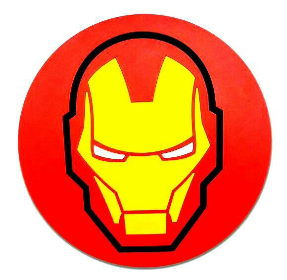 an iron man sticker on a red circle with black outline and white eyes, in front of a white background