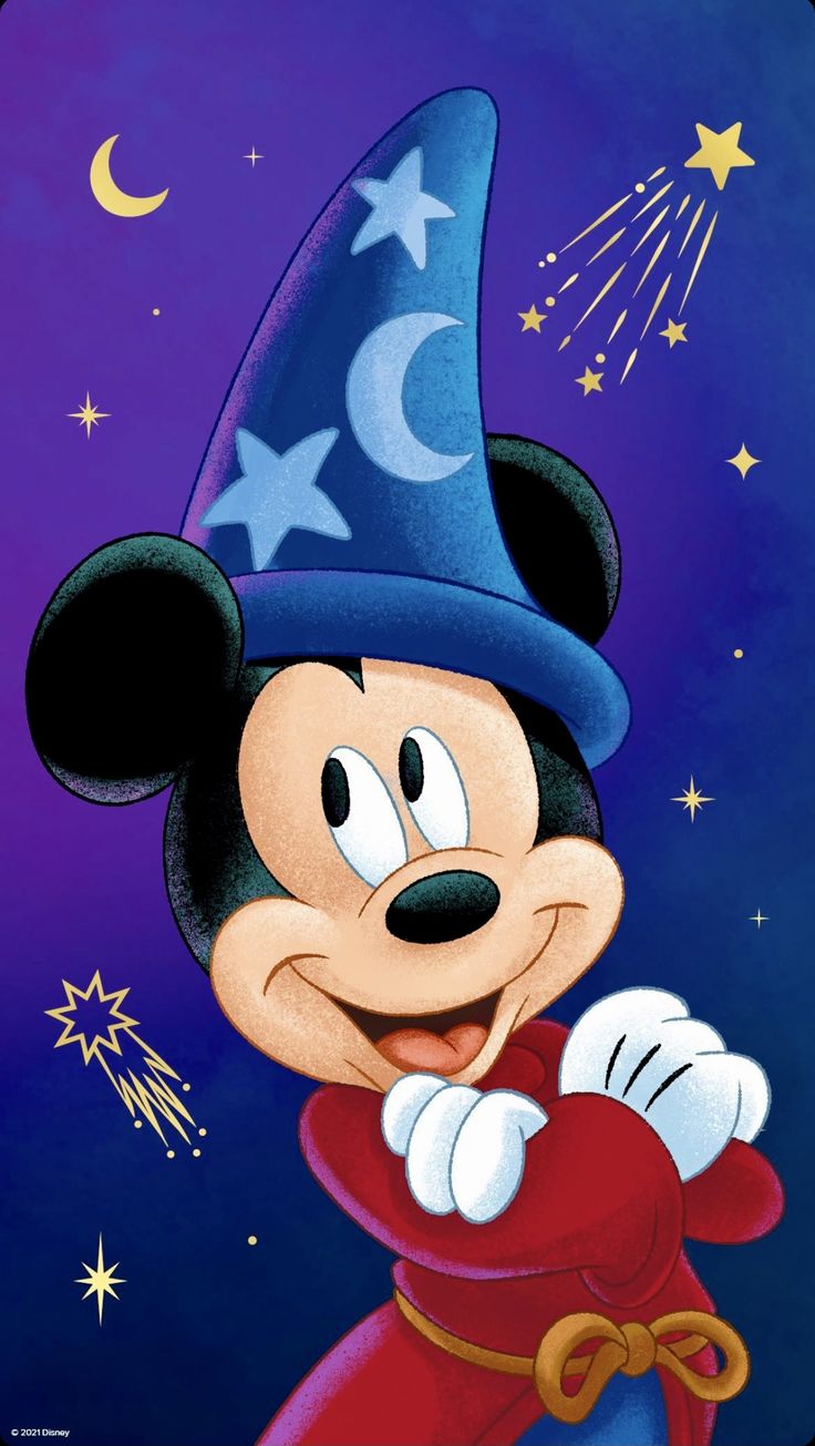 mickey mouse in a wizard's hat with stars