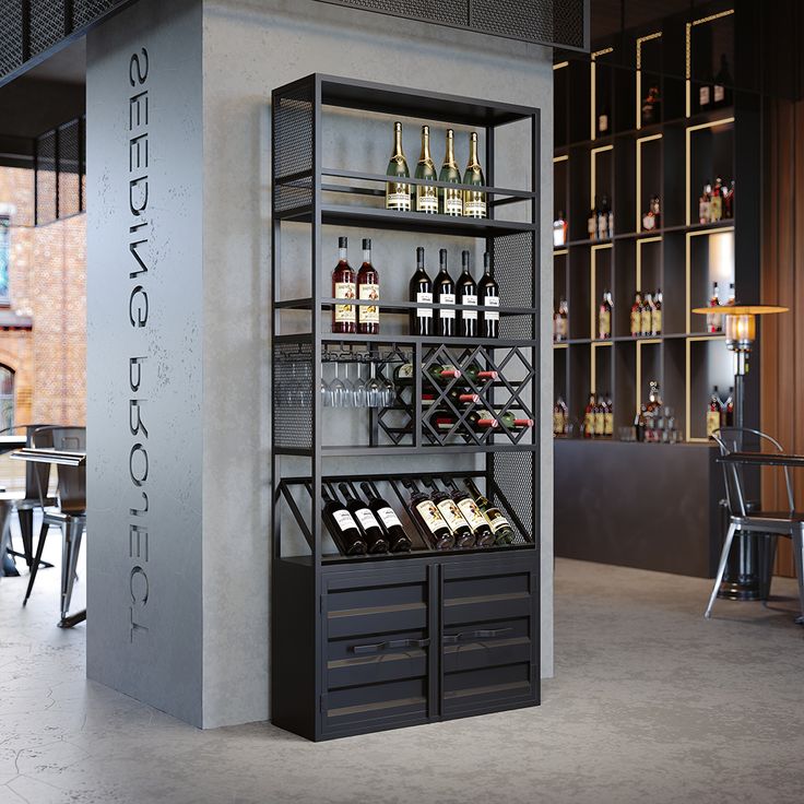 a wine rack with many bottles and glasses on it in a room that has tables and chairs