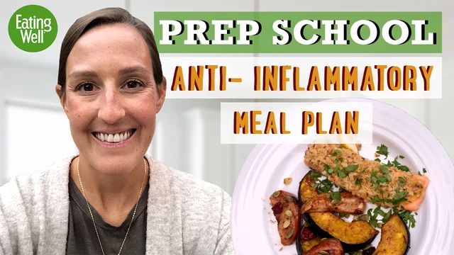 a woman smiling next to a plate of food with the words prep school anti - inflamatory meal plan