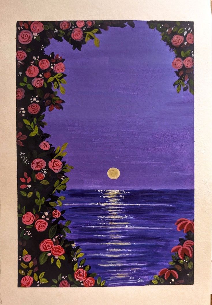 an image of a painting with flowers and the moon in the sky over water at night