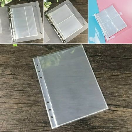 three different views of a clear plastic binder on a wooden table with flowers in the background