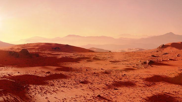 an artist's rendering of the surface of mars with mountains in the distance and sand dunes on either side