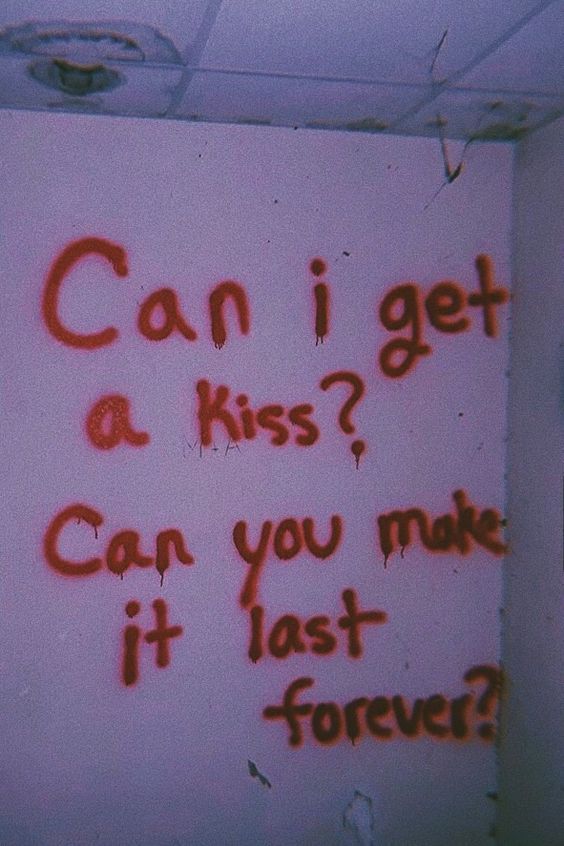 graffiti written on the wall next to a toilet in a bathroom stall that says, can i get a kiss? can you make it last forever?