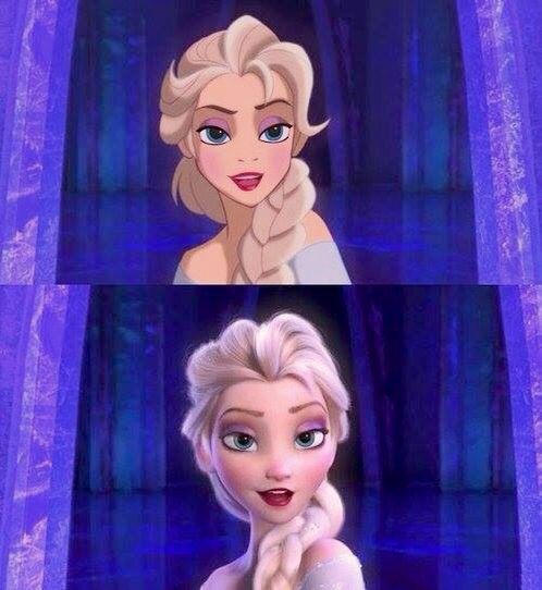 two pictures of frozen princesses, one with blue eyes and the other with blonde hair