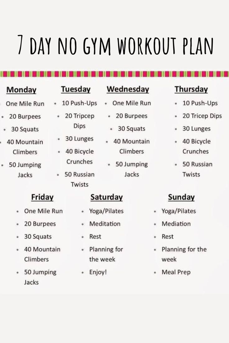 the 7 day no gym workout plan is shown in red and white, with text overlay