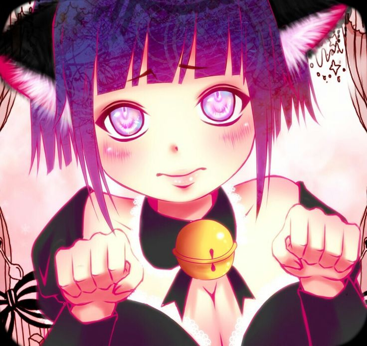 an anime character with purple hair and big blue eyes pointing to the side while holding a golden object in her hand