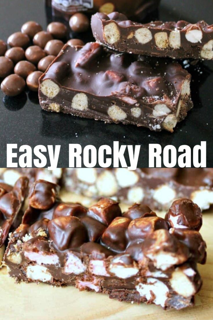 easy rocky road recipe with chocolate and marshmallows on the top, and in between