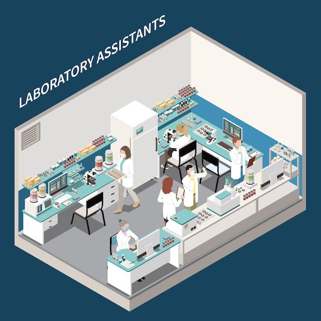 an illustration of laboratory assistant's office with people working in the lab and on the counters