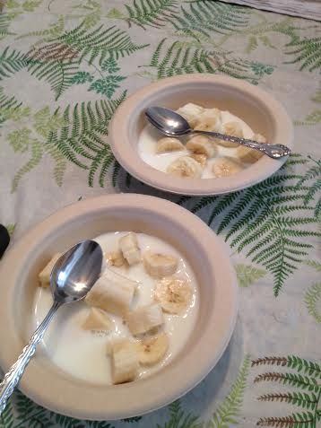 two bowls filled with bananas and milk on top of a floral tablecloth covered table