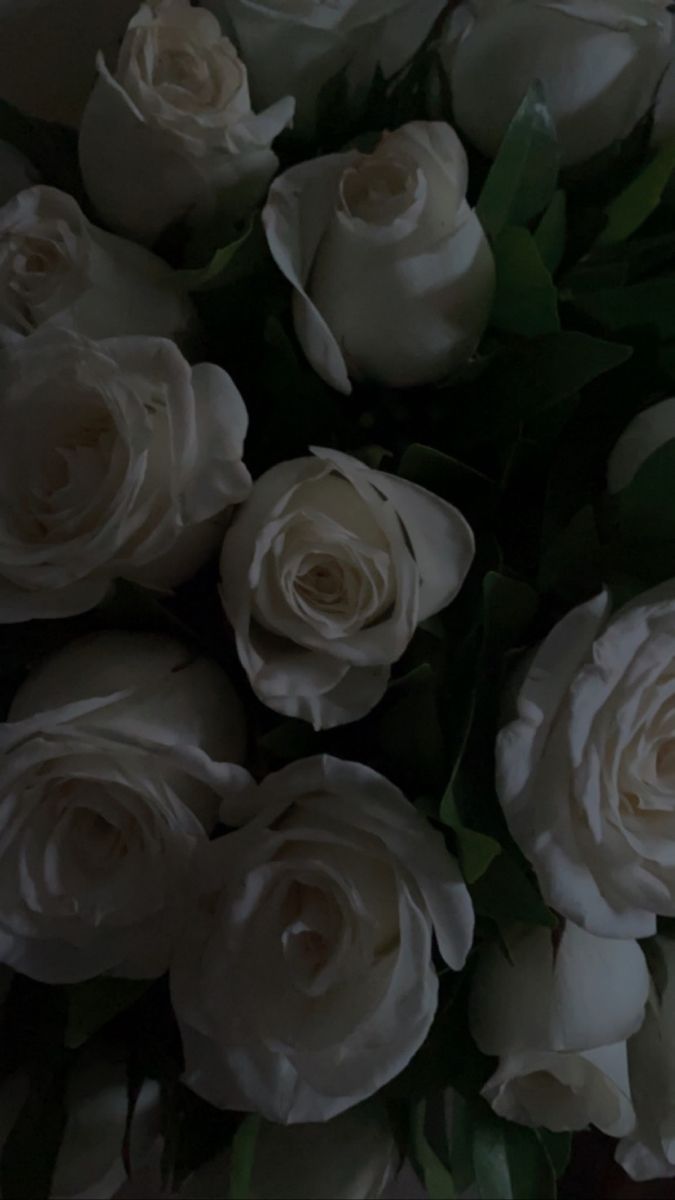 a bouquet of white roses sitting on top of a table