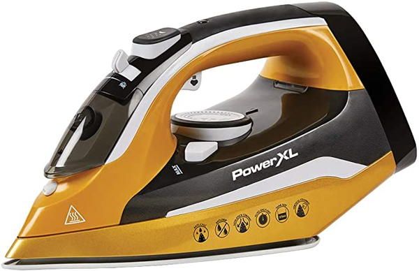 a yellow and black steam iron on a white background with the words powerxl written below it