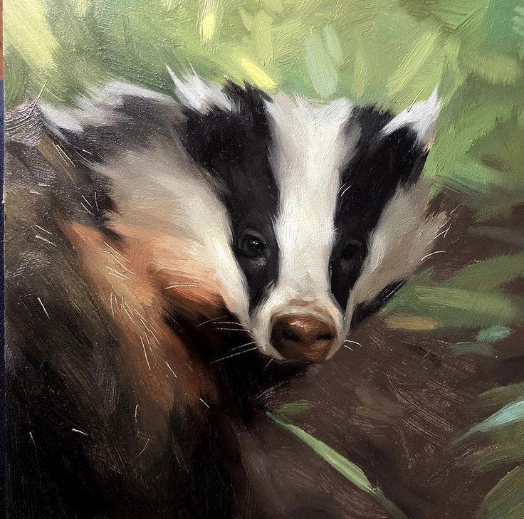 an oil painting of a badger on a tree branch with green foliage in the background