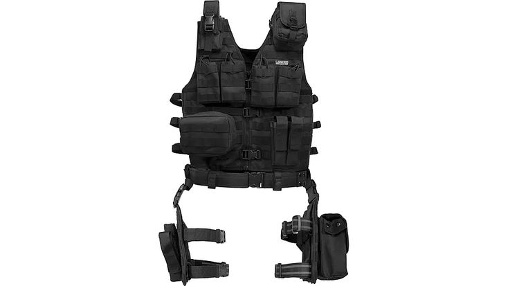 a black vest with two holsters attached to the chest and one on the other side