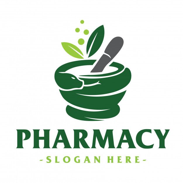 pharmacy logo with mortar and green leaves on white background, for medical company or store