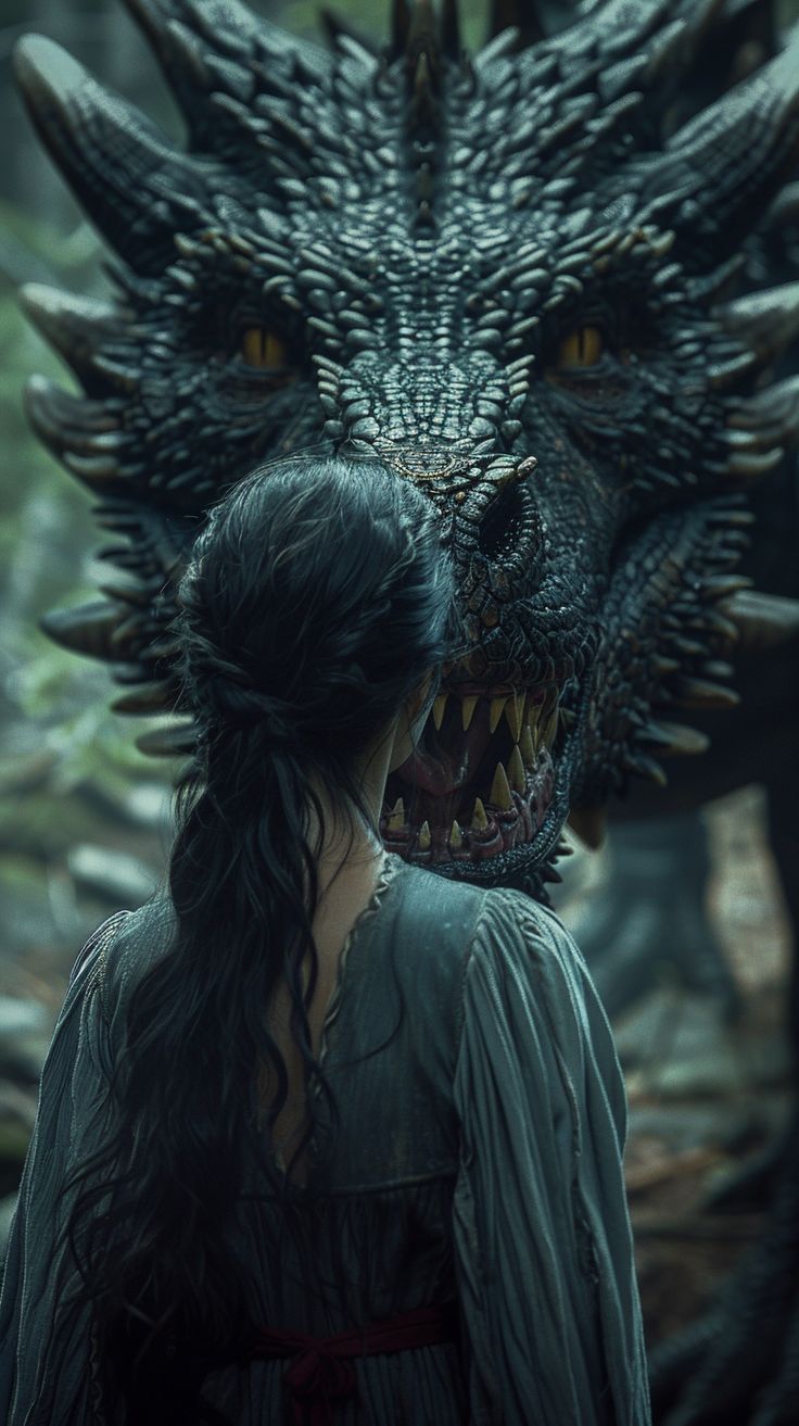 Woman with Long Dark Hair and Fierce Dragon Woman And Dragon Art, Dark Fantasy Hair, Woman With Dragon, Half Dragon Female, Woman And Dragon, Princess And Dragon, Cinematic Color Grading, Moody Lighting, Fierce Dragon