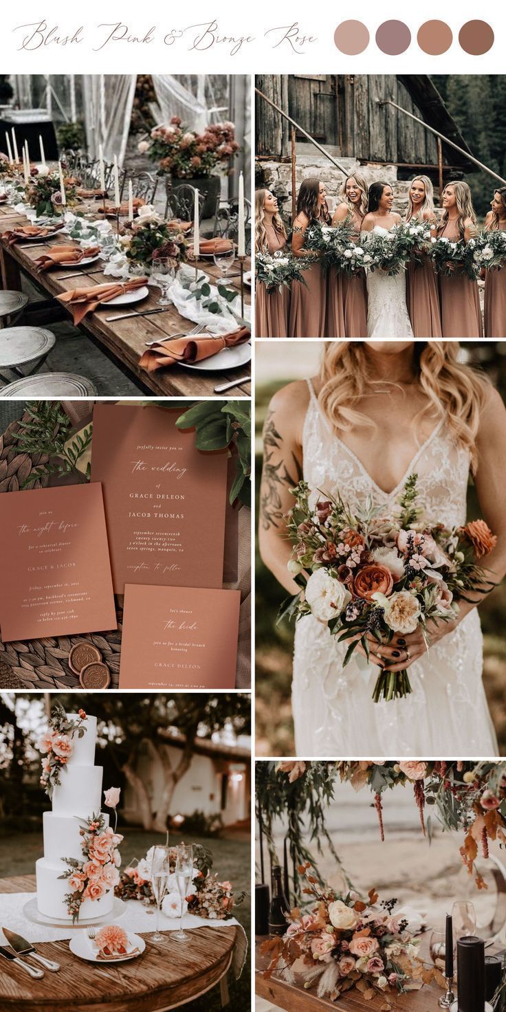 a collage of photos with different wedding colors and flowers on them, including peachs,